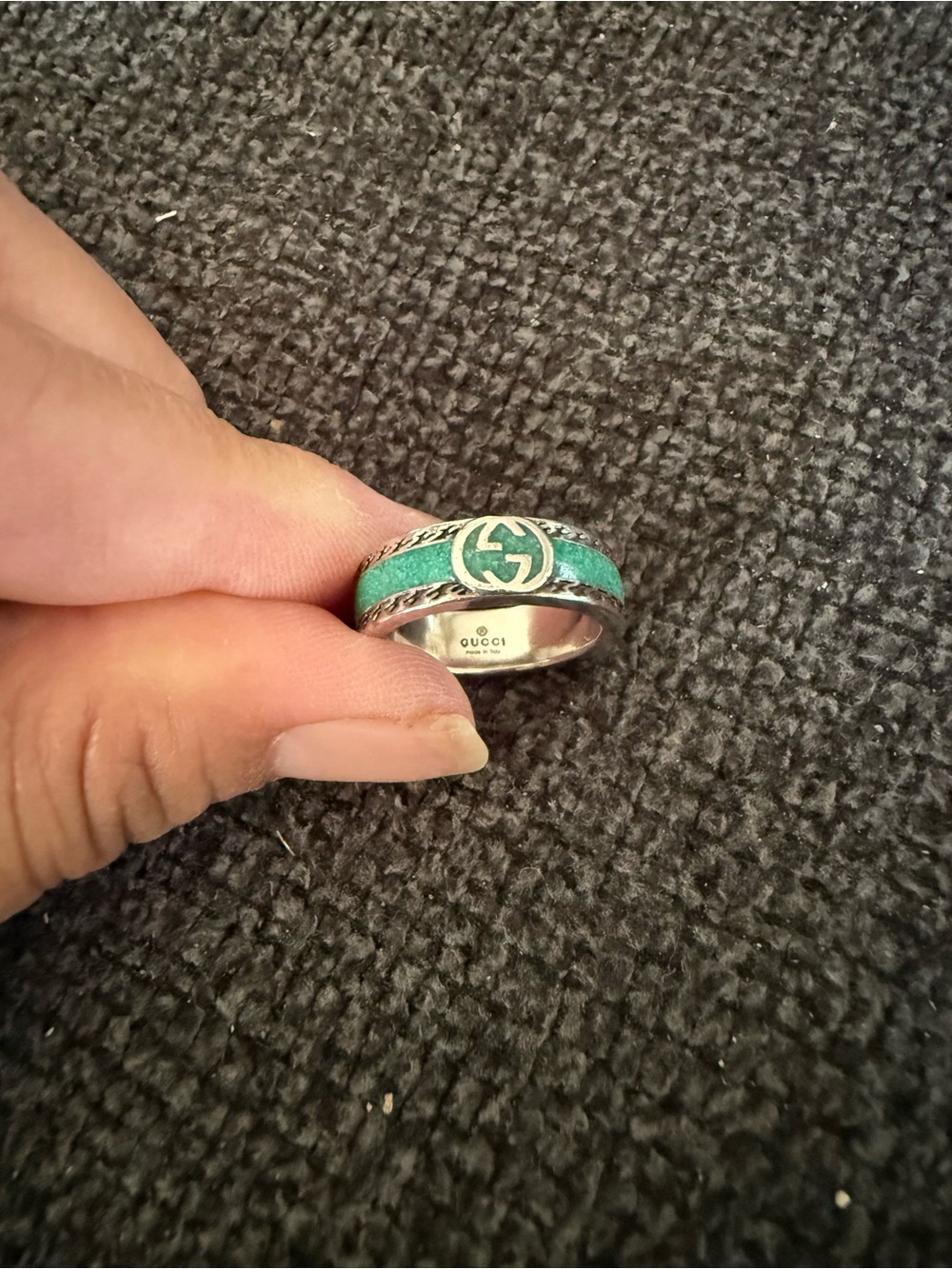 Gucci Silver Ring with Teal Enamel Double G